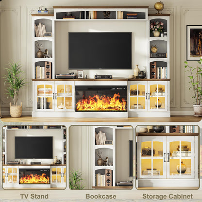 OneBlis 98" Farmhouse TV Stand with 36" Electric Fireplace, Bookshelves, Fits 75" TVs, Entertainment Center with Storage Cabinet, Large Wall Unit Media Console for Living Room, White