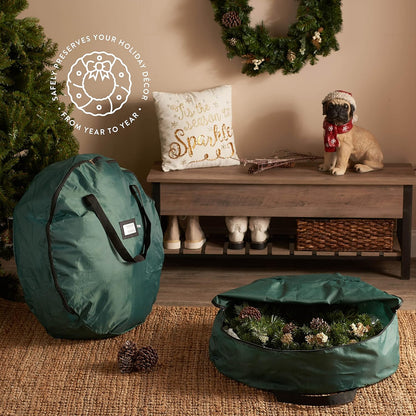 ZOBER Christmas Wreath Storage Bag - 30 Inch Waterproof Oxford Container with Dual Zippers & Durable Handles - Green