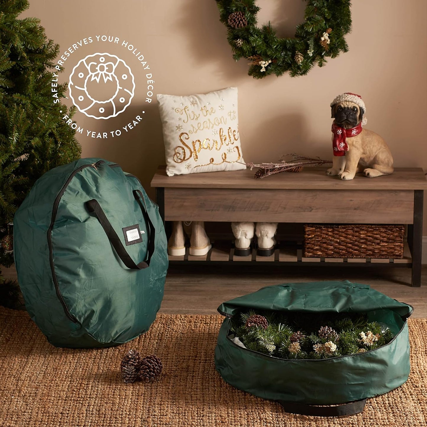 ZOBER Oxford Christmas Wreath Storage Container - 48 Inch Waterproof Bag with Dual Zippers & Durable Handles - Green