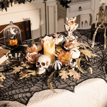 Valery Madelyn 18 Inch Halloween Wreath for Front Door with Lights, Pre-Lit Fall White Pumpkin Skull Wreath Pink Roses Halloween Decorations for Home Porch Table Centerpiece Party Holiday Autumn Decor