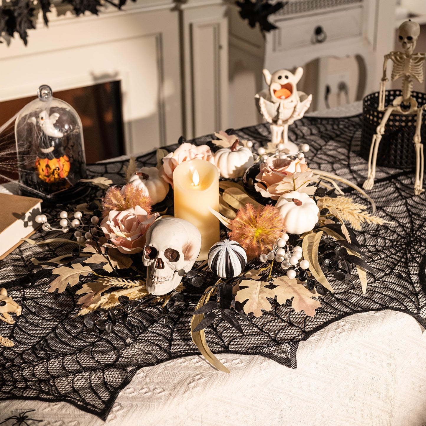 Valery Madelyn 18 Inch Halloween Wreath for Front Door with Lights, Pre-Lit Fall White Pumpkin Skull Wreath Pink Roses Halloween Decorations for Home Porch Table Centerpiece Party Holiday Autumn Decor