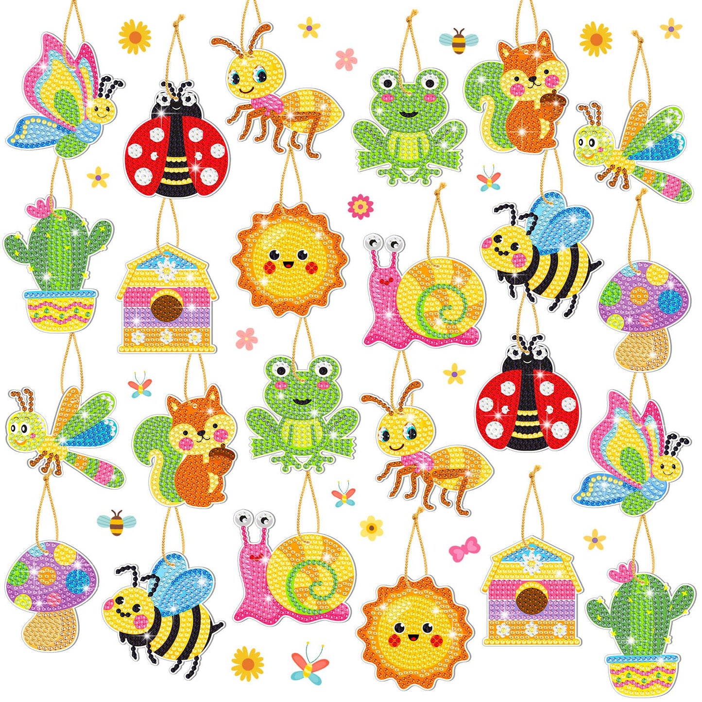 Frienda 24 Pcs Summer Diamond Painting Keychain Kits, 5d DIY Summer Diamond Art Animal Bee Frog Sun Ornaments Beginner Friendly Crafts for Family Decor Seasonal Gifts