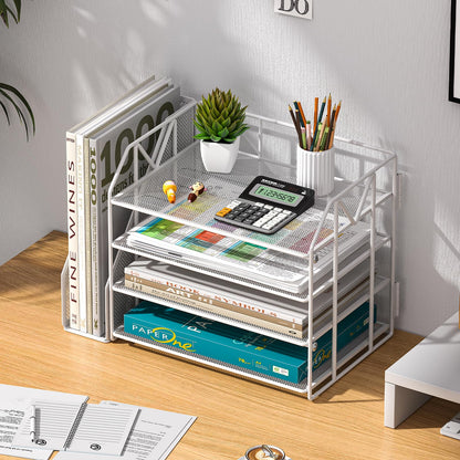 handimp 4-Tier Paper File Organizer with Drawer, Metal Desk Organizer, Tiered Paper Tray for Letter/A4 Files, Desktop Office Supplies Storage Rack, White