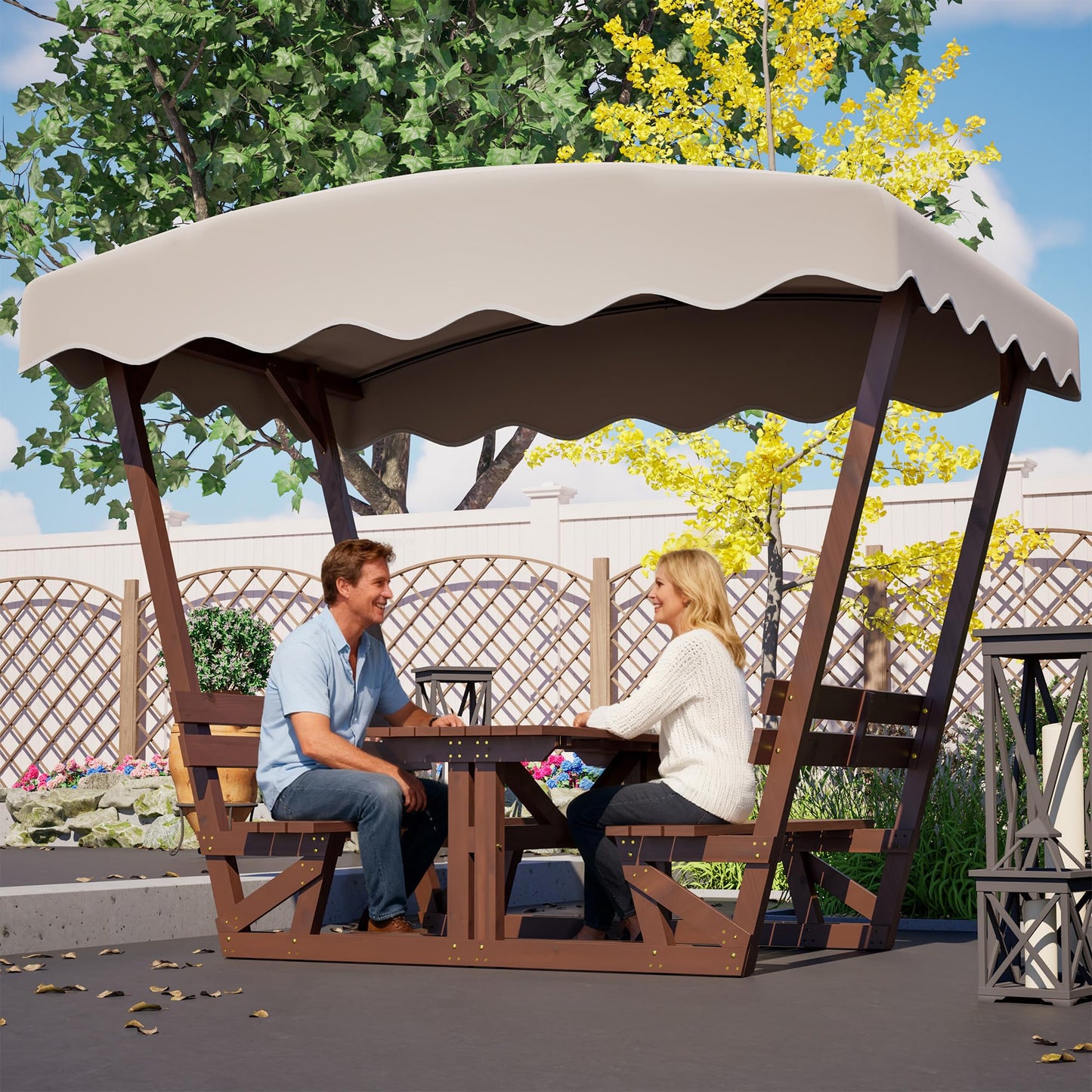 BIFULDYO Outdoor Picnic Table with Benches and Removable Canopy, 6 Person Waterproof Solid Wood Table and Chairs Set for Patios, Gardens, Decks, Parks, Beaches