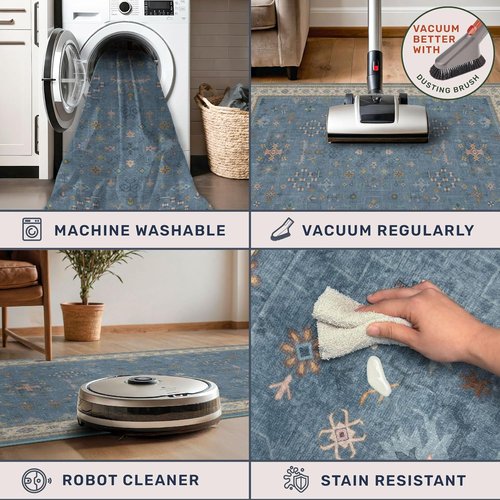 Light Blue Kitchen Runner Rug - Washable Boho Non-Slip Design for Hallway, Bedroom, Entryway | 2x7 Size