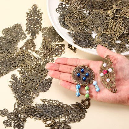 Luinabio 120 Pieces Filigree Connectors Charms Pendants Decoration Tibetan Metal Filigree Findings Embellishments for DIY Hairpin Necklace Earring Jewelry Making(Bronze,Fresh Style)