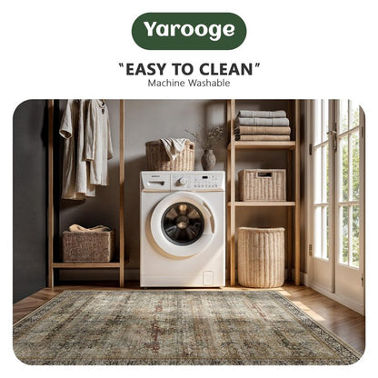 Yarooge 8x10 Area Rugs for Living Room - Washable Vintage Retro Large Rug, Soft Ultra Thin Non Slip Low Pile Traditional Distressed Boho Carpet for Bedroom Dining Room Home Office, Charcoal Olive