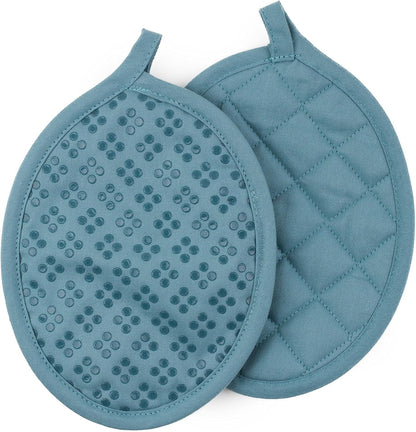 Sticky Toffee Set of 3 Oven Mitt and Pot Holder – Blue Non-Slip Kitchen Hot Pads with Silicone Grip