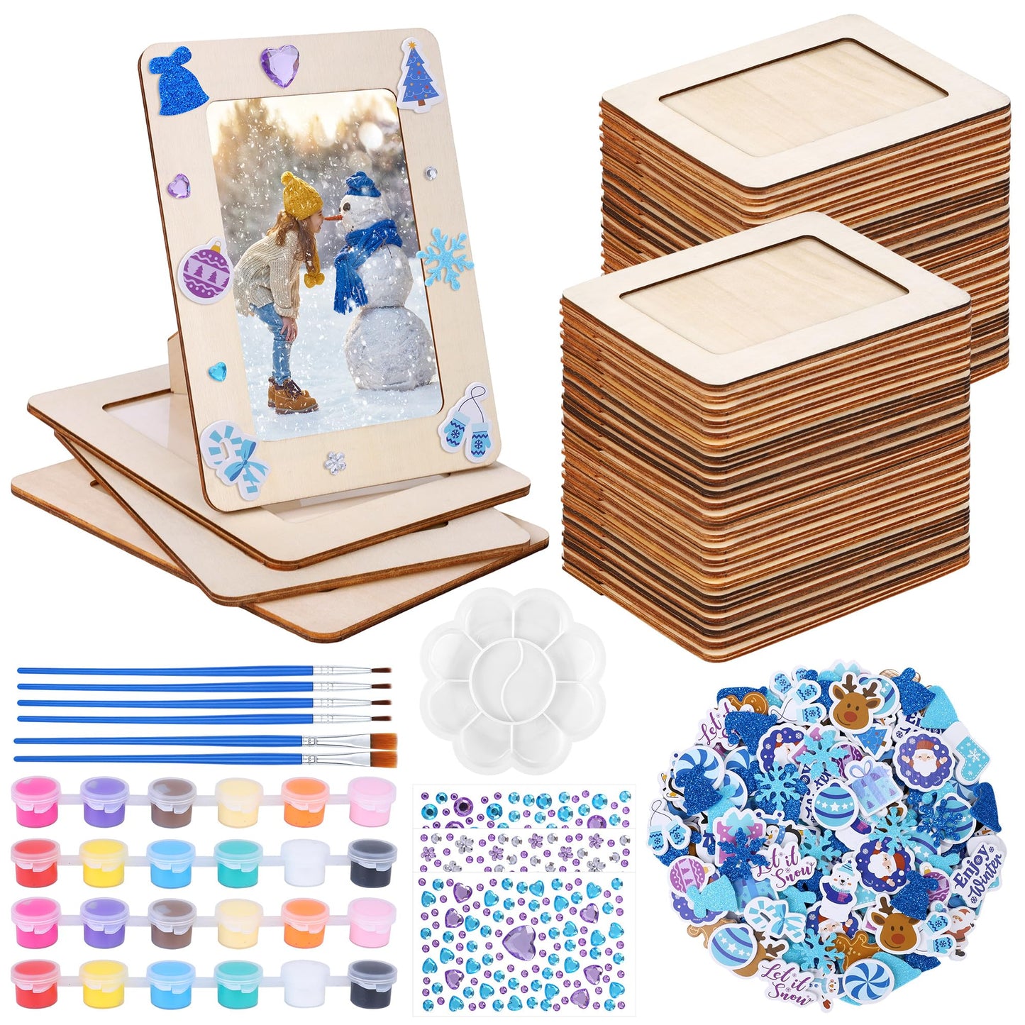 Fovths 36 Packs Winter Picture Frame Painting Craft Kit Wooden DIY Photo Frame with 250 Foam Stickers Brushes Set Holiday Art Party Favor DIY Paint and Decorate