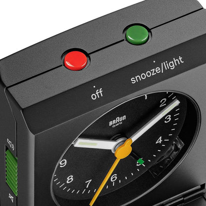 Braun Classic Analogue Travel Alarm Clock with Snooze and Light with Folding Map Lid, Black, BC05B
