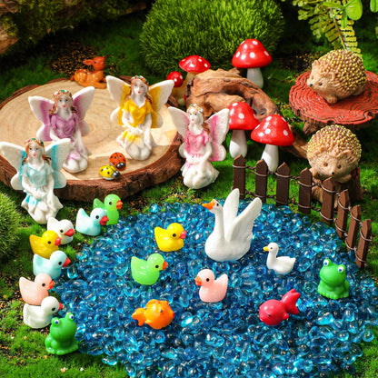 HyDren 100 Pcs Fairy House Garden Figurines Kit 8'' Solar Miniatures Light up 6.6" Fairy House Gnome Animals Doll Outdoor Resin Statues Micro Landscape Ornaments DIY Garden Decor