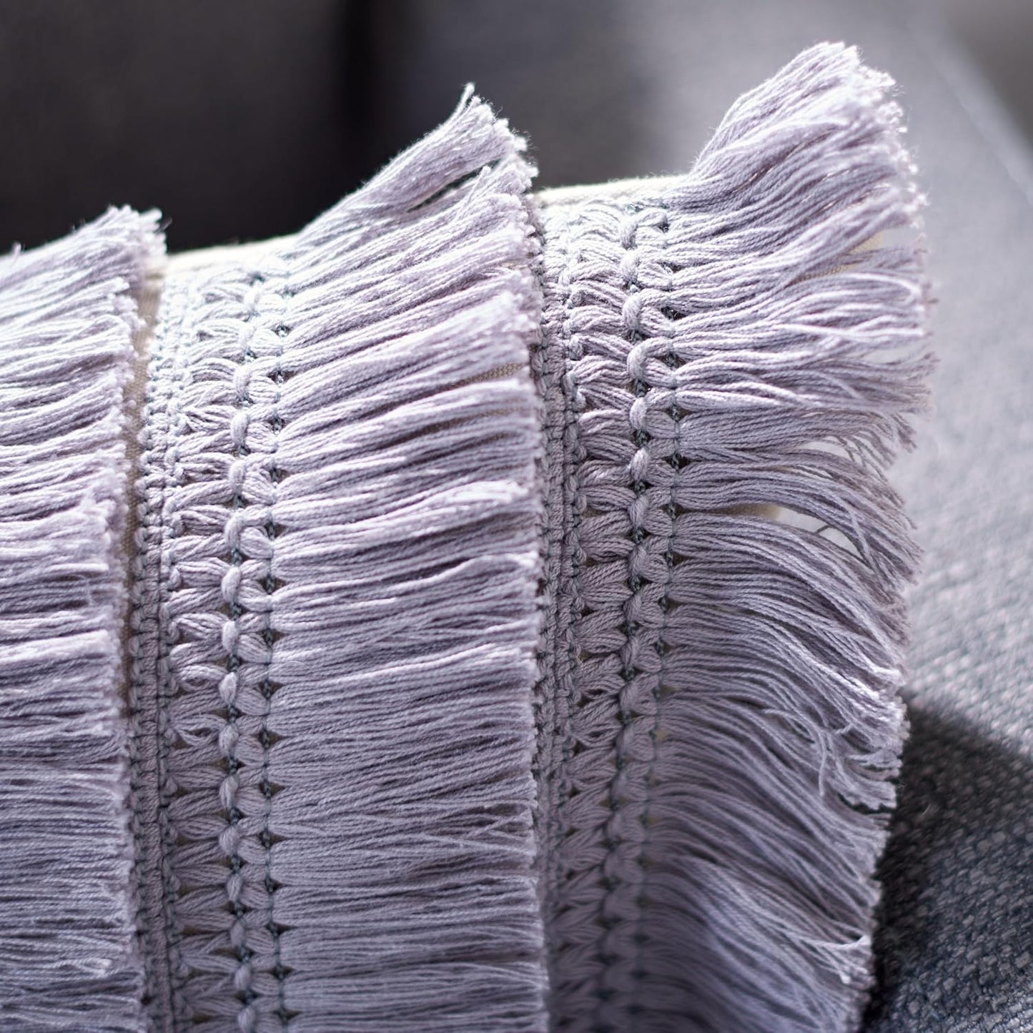 12 20-inch SAFAVIEH Home Collection Grema Boho Fringe Light Grey/Periwinkle x Rectangle Decorative Accent Throw Pillow