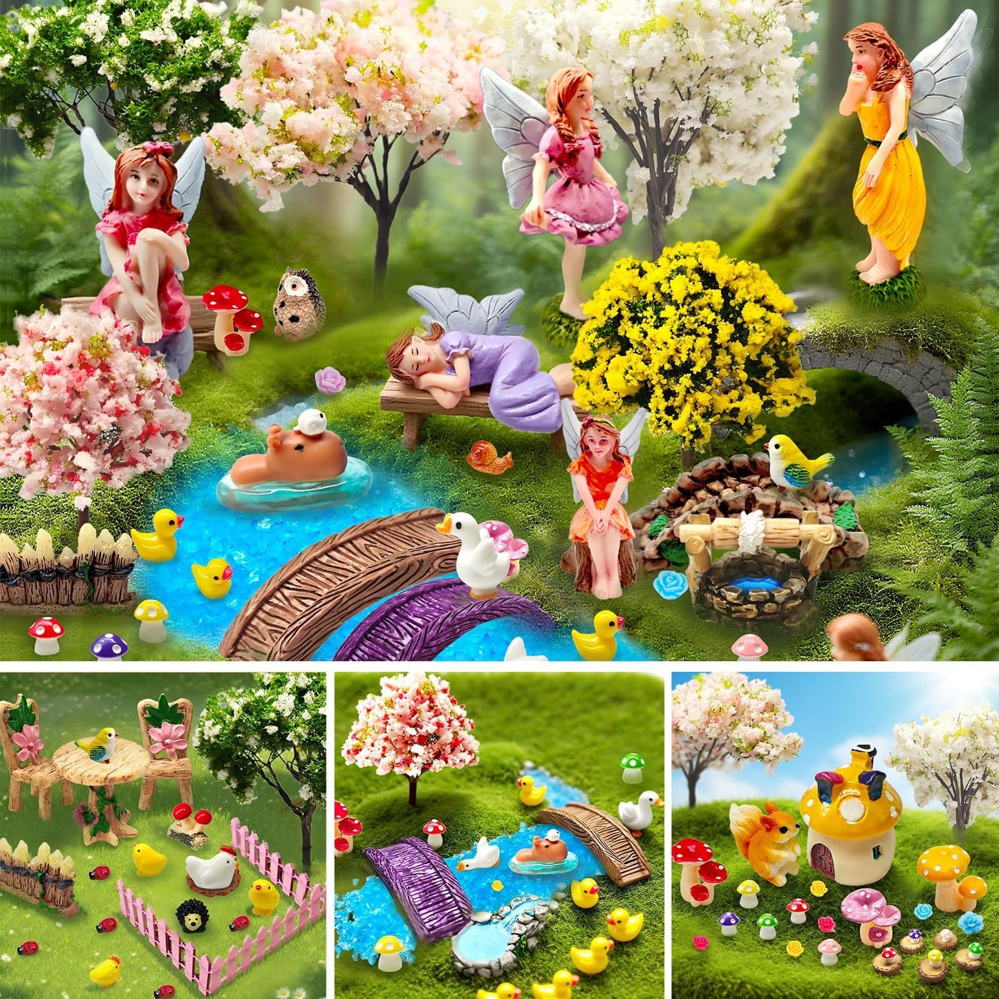 MTWENWENZY 114 Pcs Miniature Fairy Garden Accessories Kit Resin Elves Animal Figurines Decor Micro Landscape Ornaments for DIY Micro Dollhouse