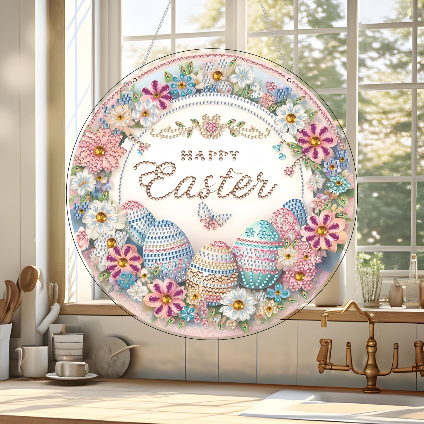 JJFox Diamond Art Kit for Adult, Special Shaped Rhinestone, DIY Acrylic Painting Window Pendants, Home Garden Wall Hanging Ornament, Double Sided (Easter Egg)