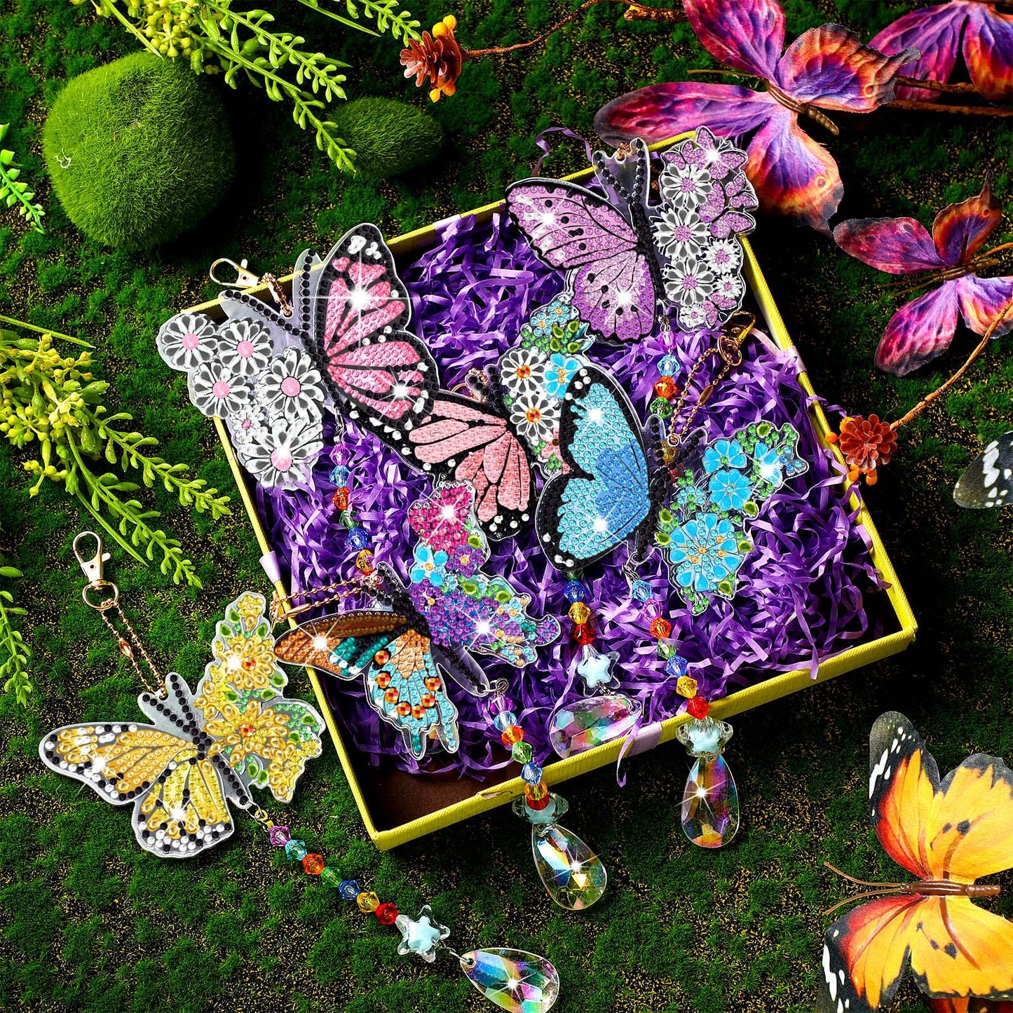 Tradder 6 Pcs Spring Butterfly Diamond Painting Wind Chimes Diamond Painting Suncatcher Art Kit Double Sided Butterfly Ornaments 5d Rhinestone for Spring Home Garden