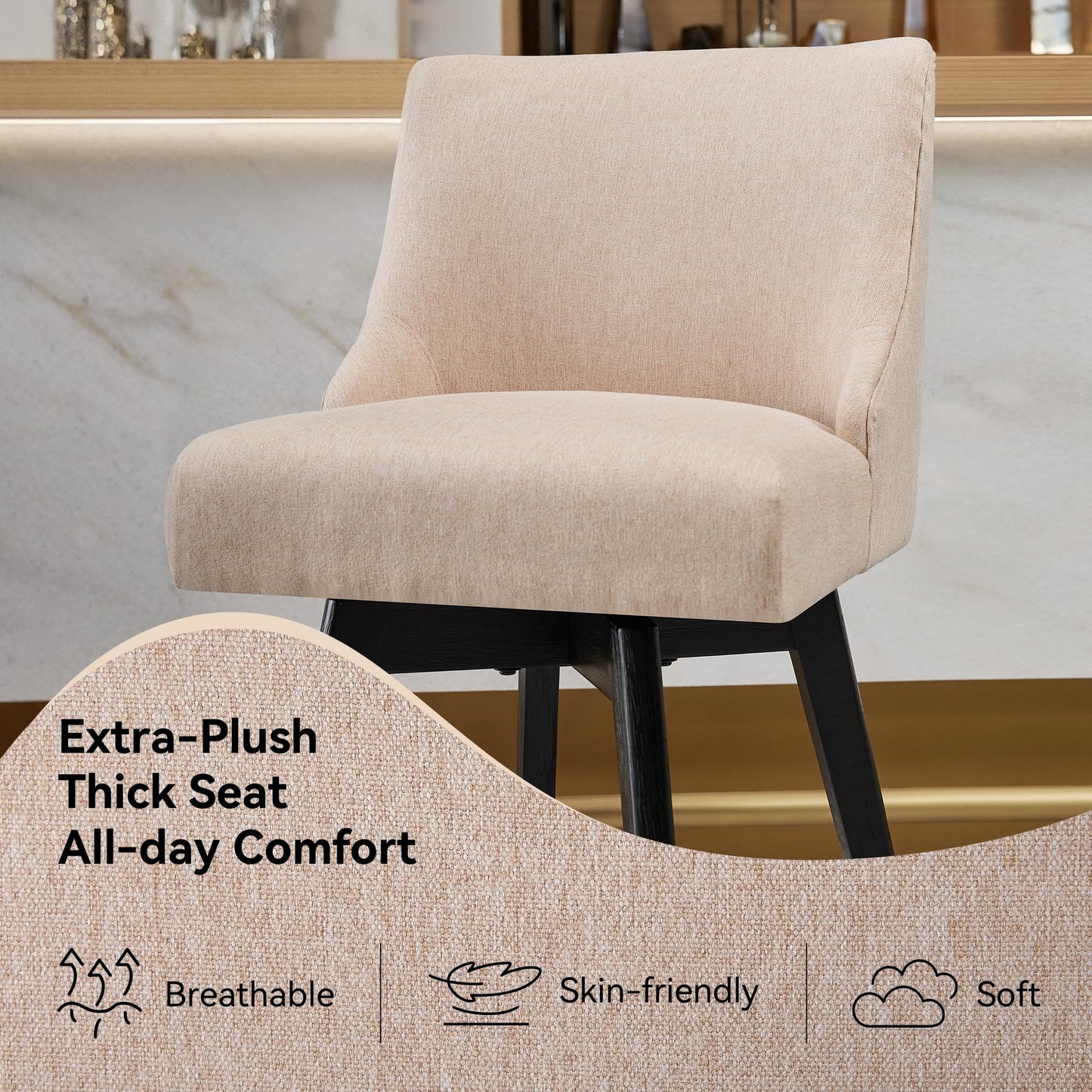 Erdoru Counter Height Bar Stools Set of 4,Swivel Barstools with Backs and Wood Legs,Linen Fabric Upholstered Counter Stools for Kitchend Island,Mid-Century Modern 26"Seat Height Bar Chairs,Flax Beige