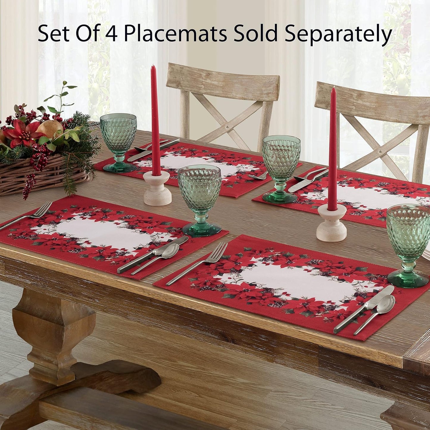 Newbridge Christmas Blooming Poinsettia’s Double Bordered 70 Inch Long Table Runner, Holiday Red and White Poinsettia