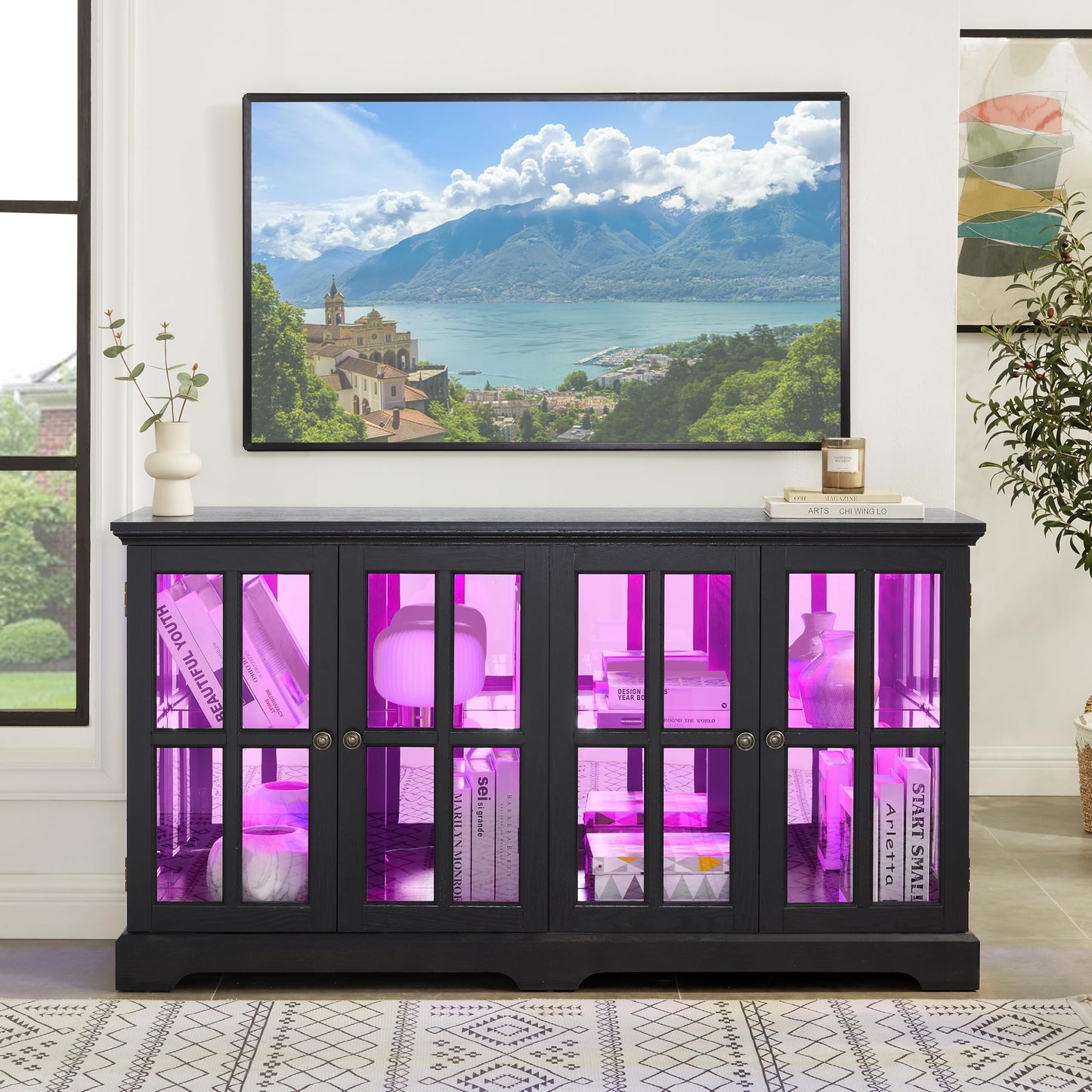 KEIKI Antique Glass Display Cabinet with LED Light Strip, Adjustable Shelves, Curio Cabinet with Tempered Glass Doors, Retro 4-Door Design for Home or Office, Black