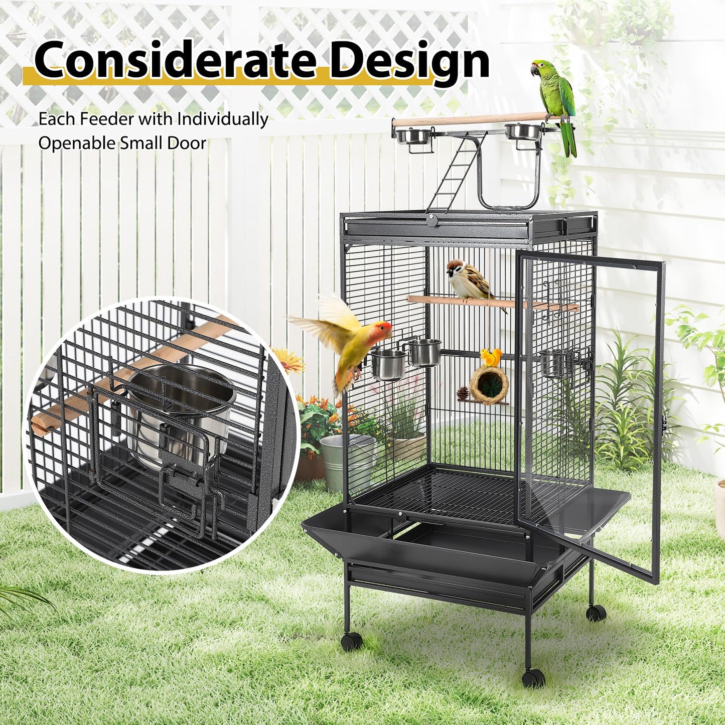 64.4" Tall Large Bird Cage, Metal Parrot Cage with Rolling Stand, Play Top & Bowls - Bird Aviary for Parrots, Parakeets, Conures, Cockatiels, Indoor Outdoor Aviary for Outside Porch Garden Yard