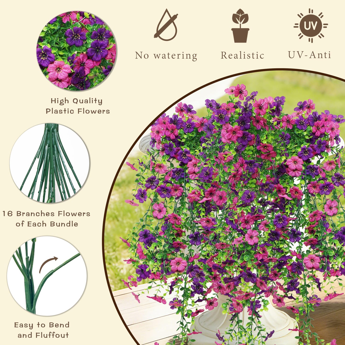 Senjie Artificial Hanging Flowers for Outdoor Spring Decor, 2 pcs UV Resistant Fake Silk Faux Flowers Plants for Outside Porch Patio Balcony Planters