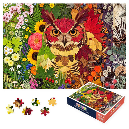 500 Piece Jigsaw Puzzle for Adults - Botanical Owl Four Seasons Pressed Flower Collage - Colorful Nature Art Style 20.5x15 in with Reference Poster - Unique Wall Art Gift