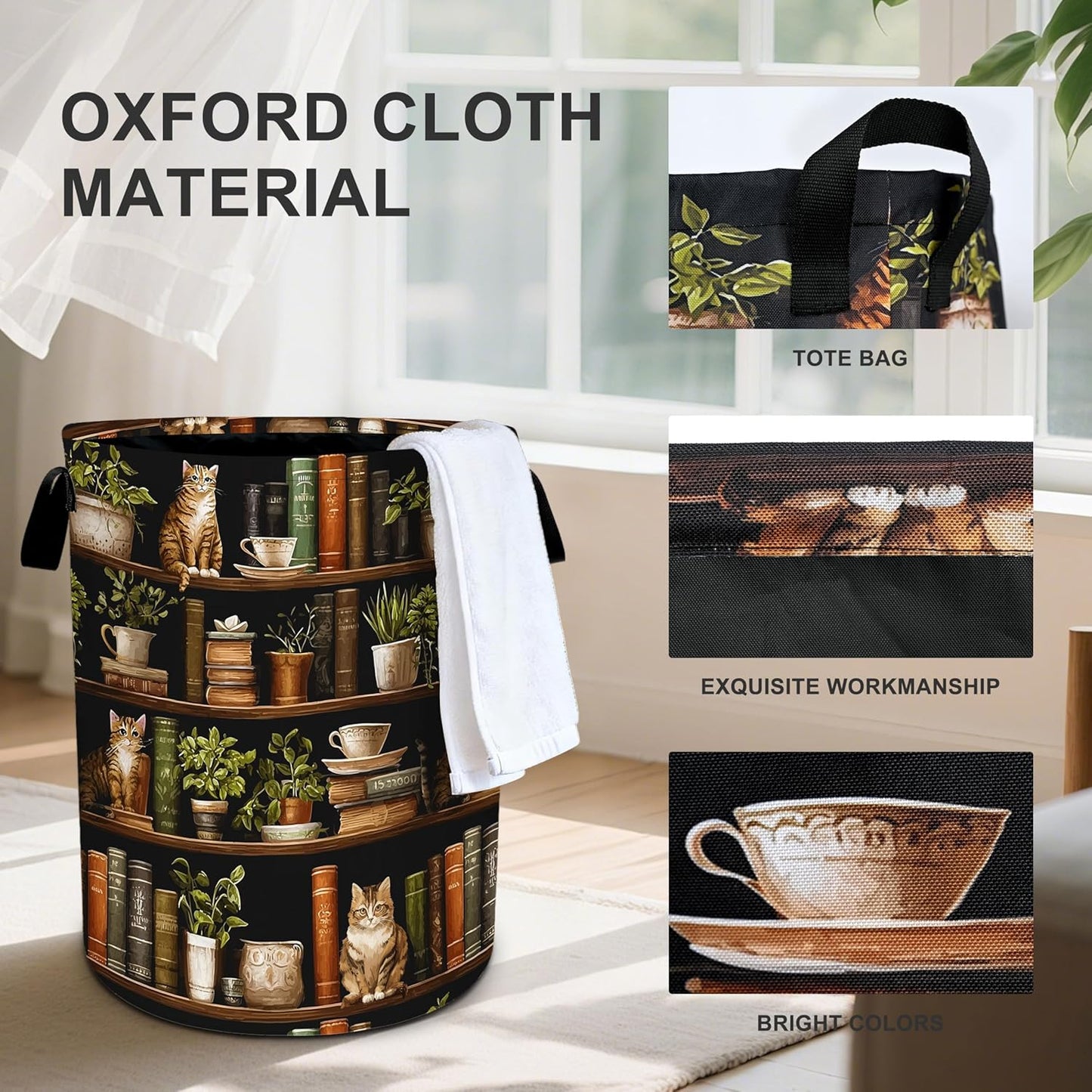 19.6x15.7 Inch Wooden Bookshelf Cat Laundry Basket Storage Bin Foldable Laundry Hamper Clothes Storage Bucket Organizer