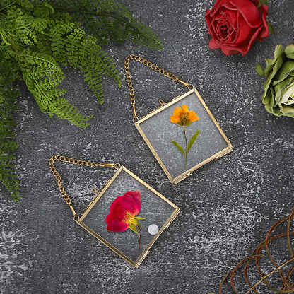 JUXYES 4 Pack Wall Hanging Mini Brass Frames for Pressed Flowers Art, Square Glass Hanging Dried Flowerss Artwork Display Frame, Double Glass Floating Style Gallery Wall Frame for Picture, Pressed Flower, etc