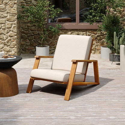 Christopher Knight Home Smeb Lounge Chair Outdoor with Cushions, Acacia Wood Adirondack Chair, Slatted Design Side Chair, Extra Seating for Balcony Backyard Poolside Garden, Teak + Beige