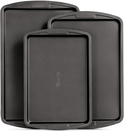 Bakken Swiss Cookie Sheet 3 Piece Set, Non-Stick Stackable Baking Pans with Gray Deluxe Ceramic Coating, Dishwasher Safe
