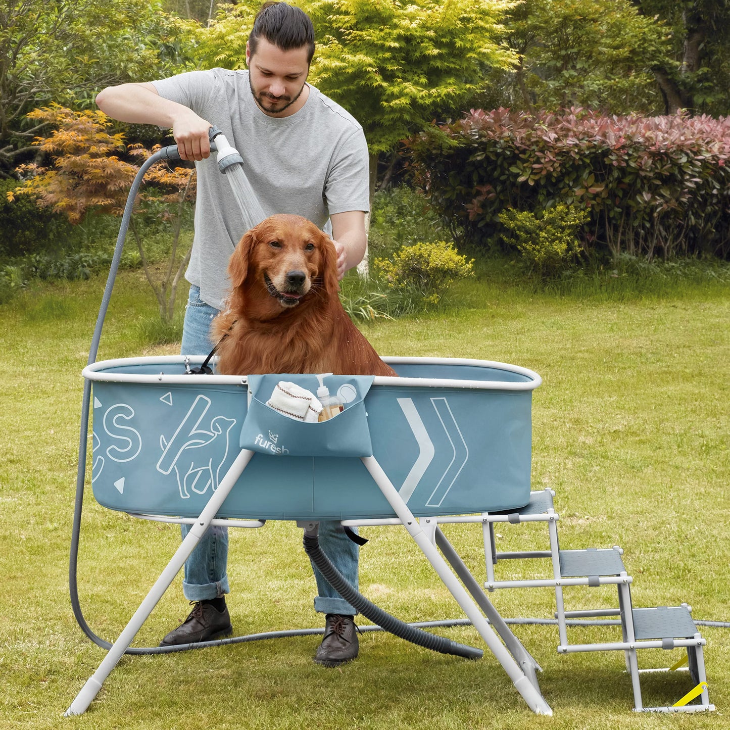 Furesh Big Dipper Dog Bath Tub with Stairs, Elevated Portable Foldable Wash Station with Steps for Bathing, Shower and Grooming, Indoor, Outdoor, for Medium to Large Size Dogs