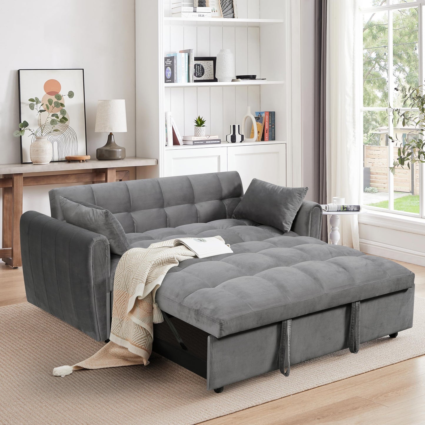 KEIKI 65" 3-in-1 Convertible Sofa Bed, Foldable Futon Couch with Adjustable Backrest & Pillows, Modern Velvet Sleeper Sofa for Living Room, Apartment, Small Space Furniture, Compact Guest Bed