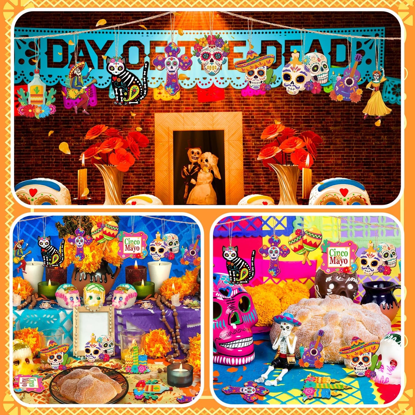 Soaoo 36 Pcs Day of The Dead Ornaments for Tree Dia De Los Muertos Decorations Mexican Theme Cat Skeleton Wood Sign Halloween Ornament Skulls for Crafts Hanging Decor Fiesta Festival Party Gift