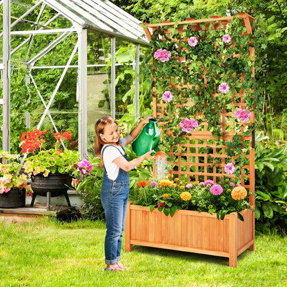 COSTWAY Raised Garden Bed with Trellis, Indoor & Outdoor Wooden Planter Box with Hanging Roof, Drainage Holes, Freestanding Vertical Planter for Vines, Climbing Plants, Flowers, Vegetables