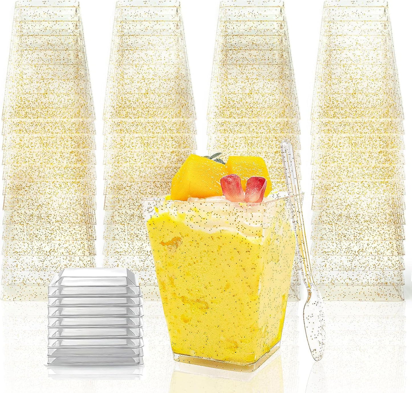 180 Pack 5Oz Gold Glitter Dessert Cups with Lids and Spoons Plastic Square Yogurt Parfait Appetier Cups for Party
