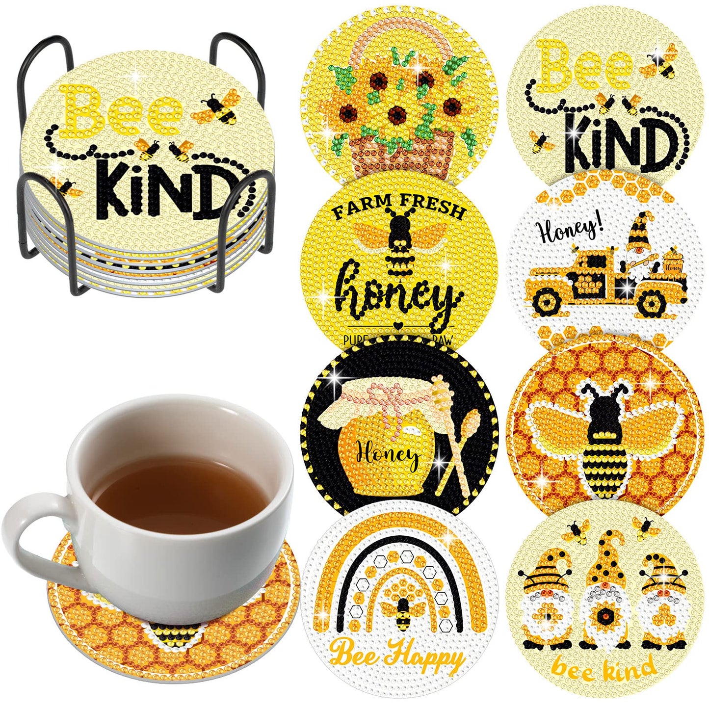 Shellwei 8 Pcs Bee Diamond Painting Art Coasters with Holder Bee Gnome Sunflower Diamond Painting Kit Yellow DIY Crafts Coasters for Adults Beginner Gift Supplies
