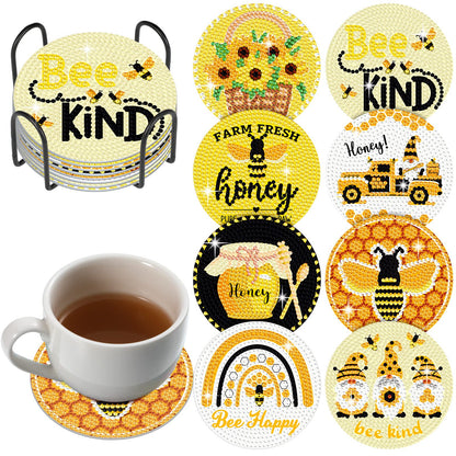 Shellwei 8 Pcs Bee Diamond Painting Art Coasters with Holder Bee Gnome Sunflower Diamond Painting Kit Yellow DIY Crafts Coasters for Adults Beginner Gift Supplies