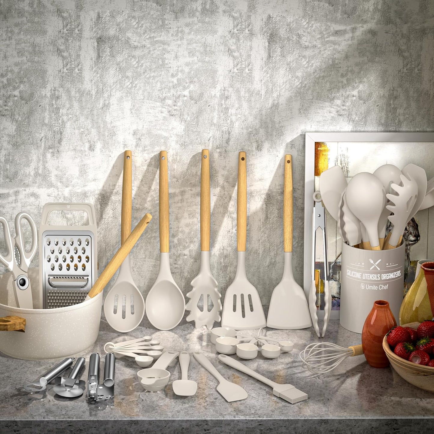 Umite Chef Silicone Kitchen Utensil Set, 34PCS Heat Resistant Gadgets with Grater, Wood Handles