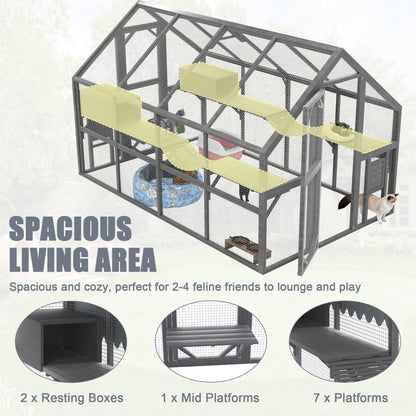 KEIKI 110" Large Outdoor Cat Enclosure for Multiple Cats, Weatherproof Wooden Catio with 7 Platforms, 2 Resting Boxes, 2 Bridges & Canopy, Secure Outdoor Cat House, Gray