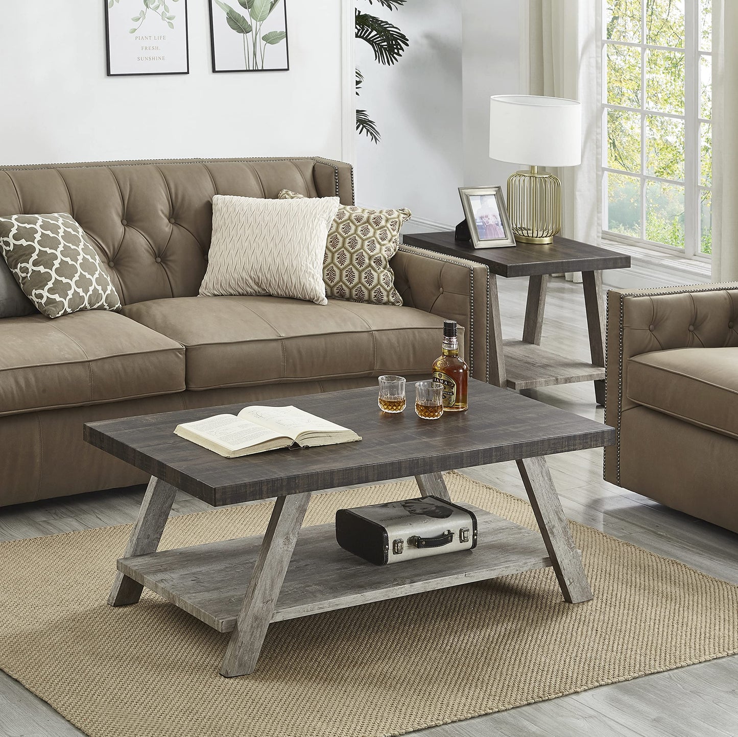 Roundhill Furniture Athens Contemporary 3-Piece Wood Shelf Coffee Table Set, Weathered Walnut and Gray