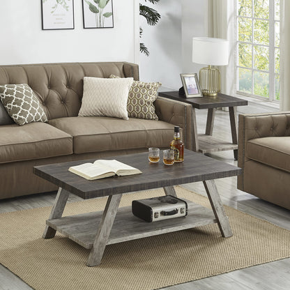 Roundhill Furniture Athens Contemporary 3-Piece Wood Shelf Coffee Table Set, Weathered Walnut and Gray