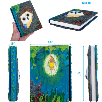 Handmade Cute Owl in Tree Hole 3D Journal,Resin Engraving Notebook,Hardcover Travel Diary for Writing,Sketchbook,Collection,Gift,Decoration Diary for Man And Woman A5 Size （white） (White)