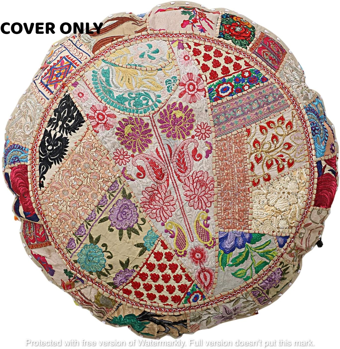 GANESHAM Vintage Indian Handmade Bohemian Patchwork Cotton Foot Stool, Round Floor Pillows & Cushion Cover (White, 32