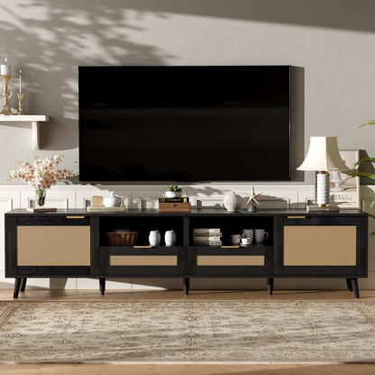 Merax TV Stand for TVs up to 85", 78 Inch Modern Media Console, Entertainment Center with Storage Drawers and Rattan Doors, Open Shelves, Solid Wood TV Cabinet Table for Living Room Furniture