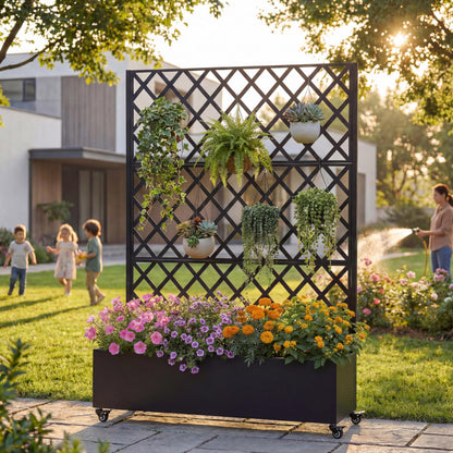 KEIKI 73"x47"x16" Metal Planter Trellis Box with Wheels & Drain Plug, Outdoor Resin Raised Garden Bed for Climbing Plants, Large Weather-Resistant Design, Black