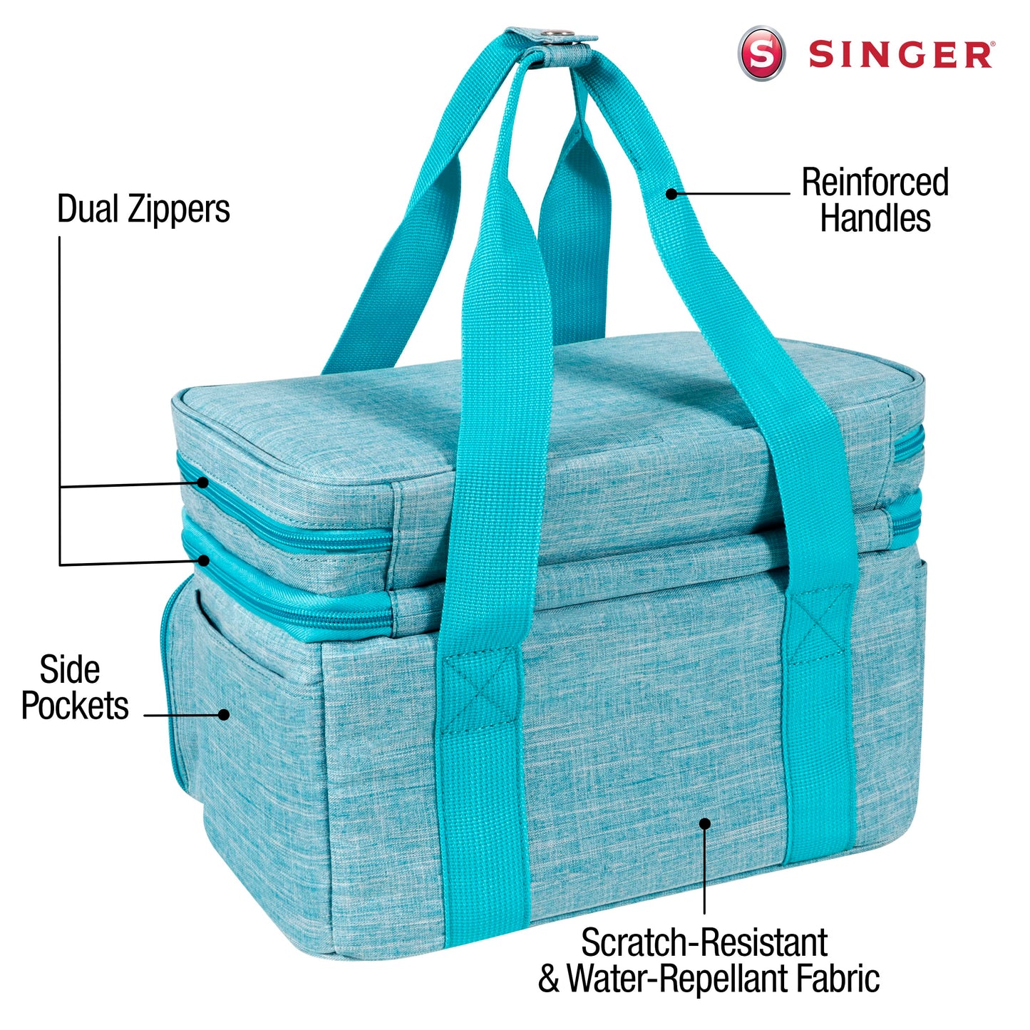 SINGER Sewing Accessories Organizer (Bag Only) – Double Layer Portable Sewing Storage Bag | 2 Detachable Pouches and 18 Compartments, Large Sewing Supplies & Crafting Carry-all (Teal)