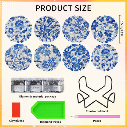 Blue Floral Diamond Art Coasters, 8pcs Blue and White Chinoiserie Floral Diamond Painting Coaster Kit, Elegant Flower Diamond Art with Holder Cork Pads, DIY Craft for Adults Beginners Home Decor Gifts