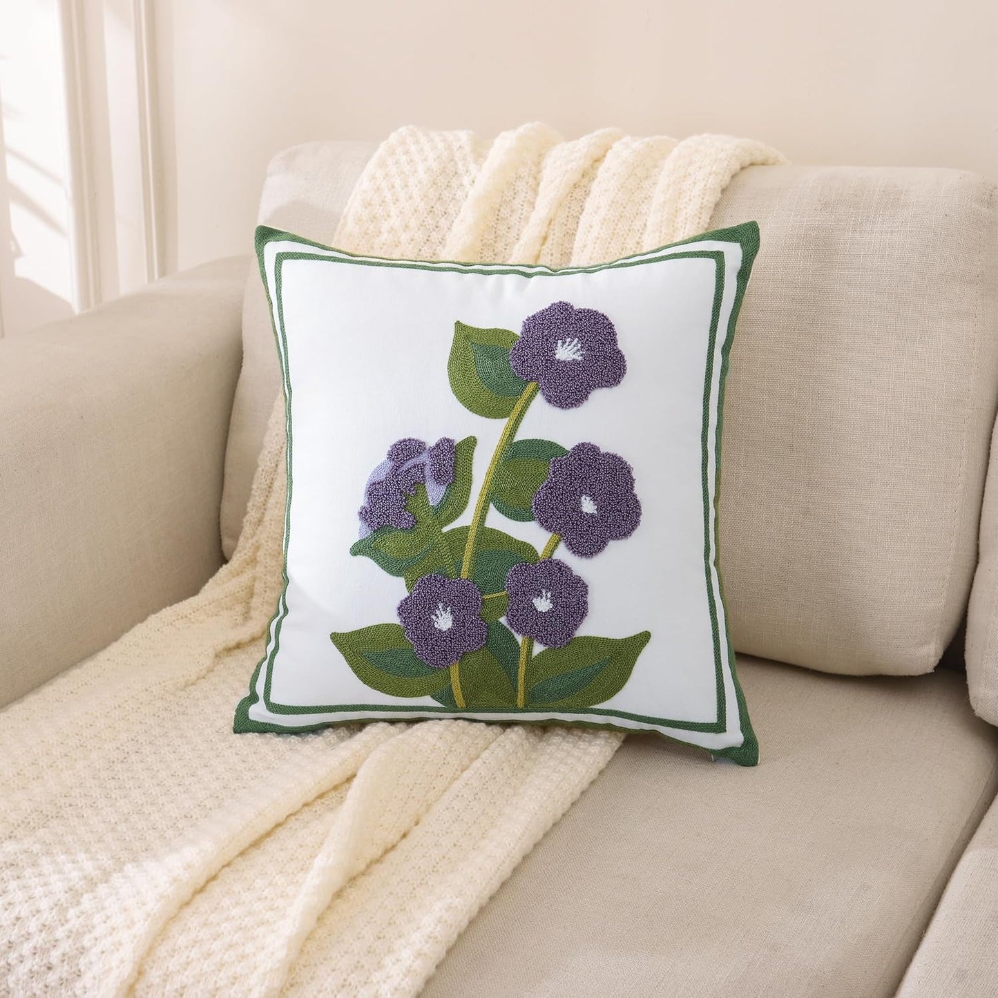 Set of 2 Embroidered Throw Pillow Covers 18x18 Inch, Purple Flower with Green Leaves for Living Room Sofa