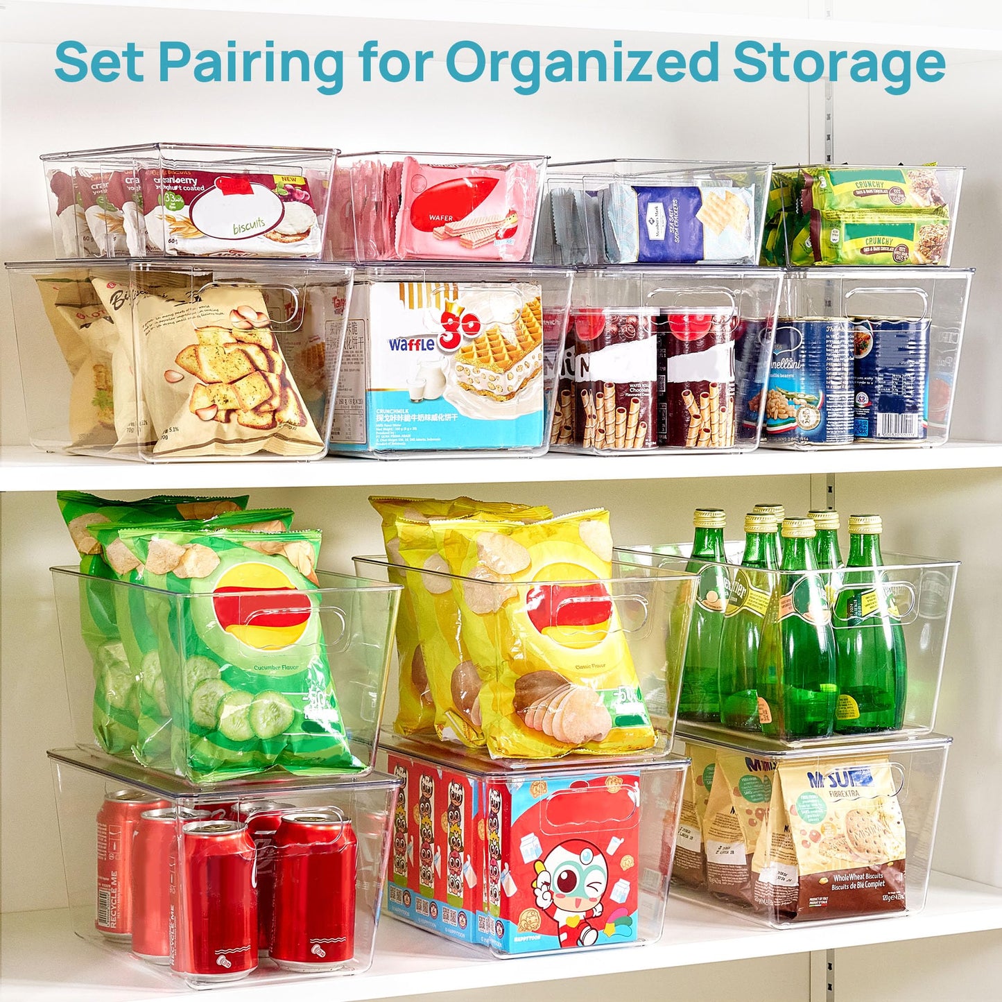 Vtopmart 8 Pack Clear Plastic Storage Bins Set, 4 Large Pantry Organizer Bins with Lids & Handles and 4 Medium Snack Organizer Bins with 4-Compartment for Pantry, Kitchen, Fridge, Cabinet Organization