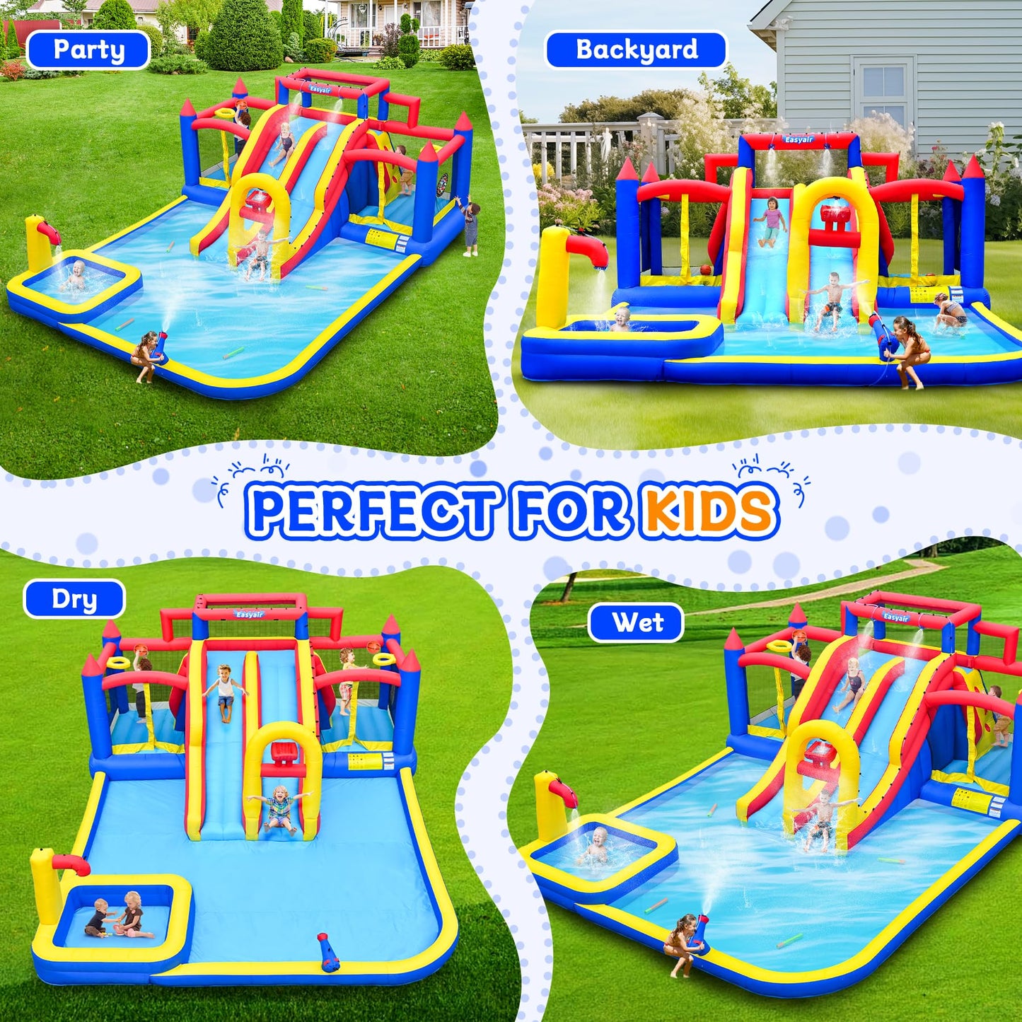 Easyair Large Inflatable Water Slide for Big Kids, Water Bounce House, Outdoor Blow Up Pool, Climbing Wall, Basketball Hoop with Blower