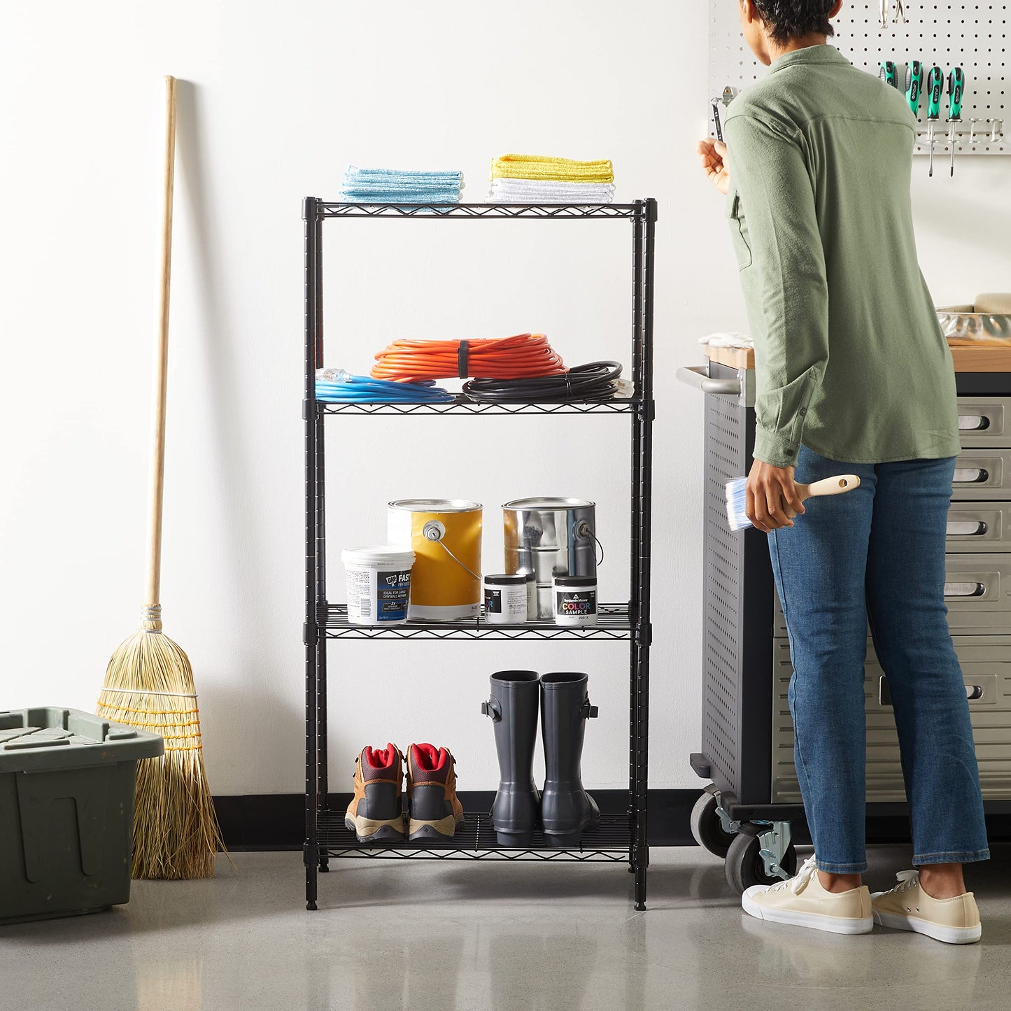 Amazon Basics 3-Shelf Adjustable Heavy Duty Steel Wire Rack Storage Shelving Organizer for Kitchen, Garage, 23.2" L x 13.4" W x 30" H, Black